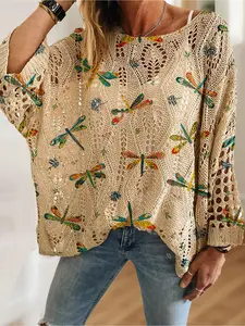 Women's Boho Dragonfly Print Long Sleeve Batwing Knit Hollow Out Top, Bohemian Casual Elegant Vacation Style Sweater, Comfortable Breathable Loose Fit, Knitwear