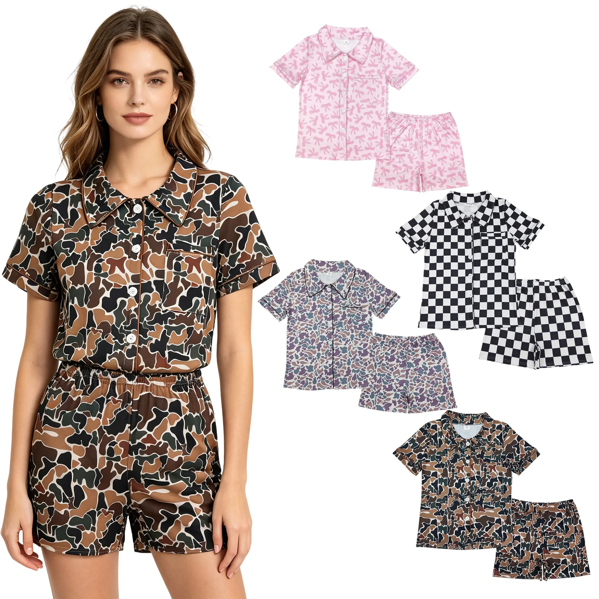 Adult Women Summer Pajamas Set Sleep Wear Button Milk Silk