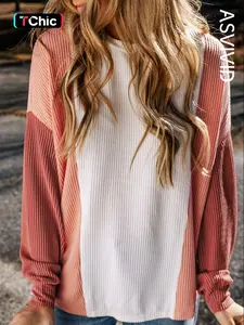 Women's Colorblock Ribbed Knit Sweater, Knitted Blouse, Casual Long Sleeve Crew Neck Jumper for Fall & Winter, Fashion Ladies' Knitwear for Daily Wear