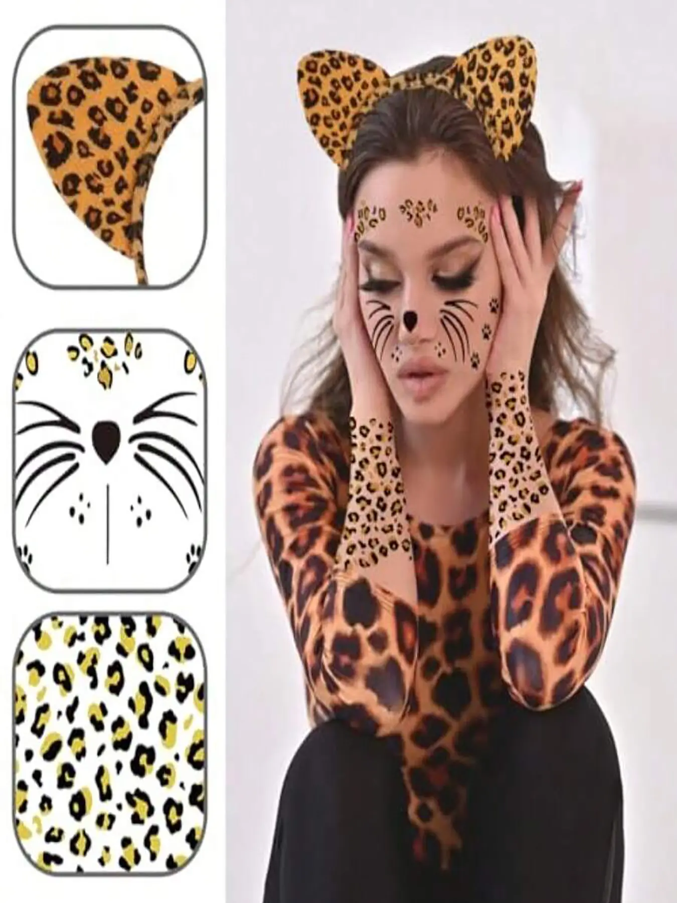 Cheetah Ears Headband Kit with Leopard Tattoos & Cat Whiskers, 3-Piece Costume Accessory Set for Halloween Cosplay Party Event Props