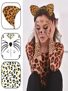 Cheetah Ears Headband Kit with Leopard Tattoos & Cat Whiskers, 3-Piece Costume Accessory Set for Halloween Cosplay Party Event Props