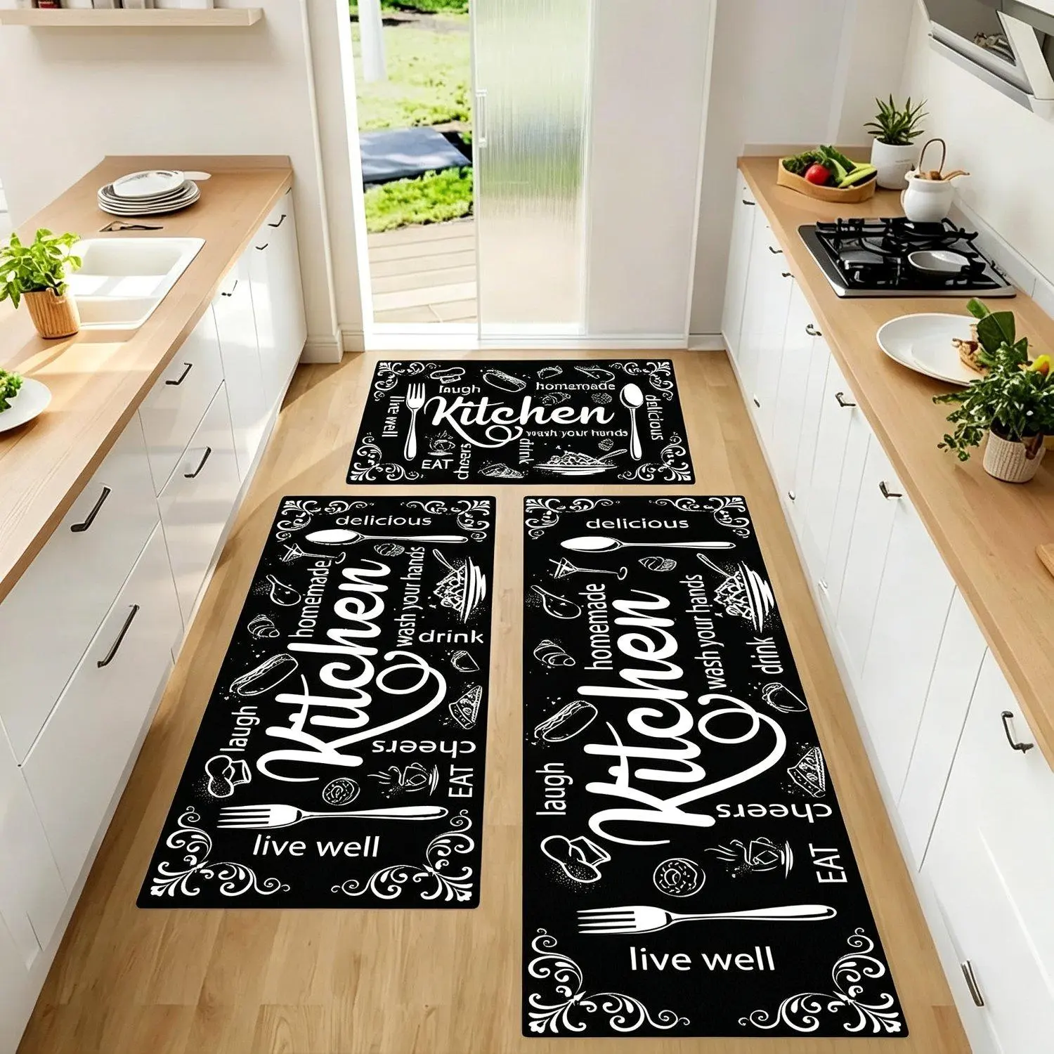 1PCS Kitchen Mats for Floor, Non Slip Washable Kitchen Rugs Sets of 3, Coffee Farmhouse Cushioned Stain Resistant Kitchen Runner Rug for Kitchen Floor, Laundry Room, Bathroom, Entryway Carpet Decor