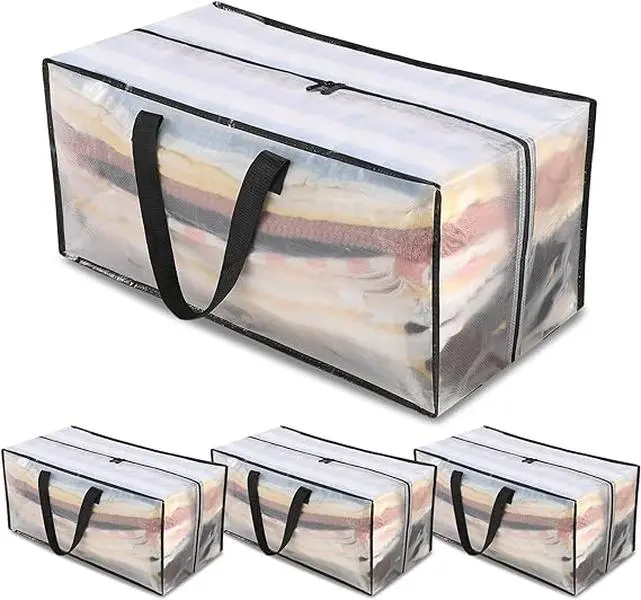 Moving Bags 90L - 4 Clear Heavy Duty Extra Large Storage Bags for Clothes - Packing Bags with Backpack Straps, Strong Handles, and Zippers - College, Traveling, Christmas Storage, Moving Totes