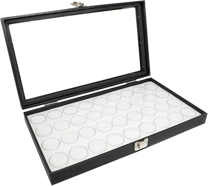 Novel Box Large Jewelry Display Case 14.75x8.25x2.1 with 24 Gems Jars Glass Top & Metal Clasp for Collectibles Storage