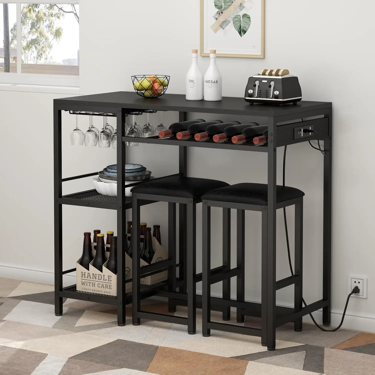 Gyfimoie Bar Table and Chairs Set with Power Outlet, Pub Table and Chairs Set for 2 with 2 Storage Shelves, 3 Piece Table Set with Wine Rack&Glass Holder for Living Room,Dining Room,Small Apt (Black)