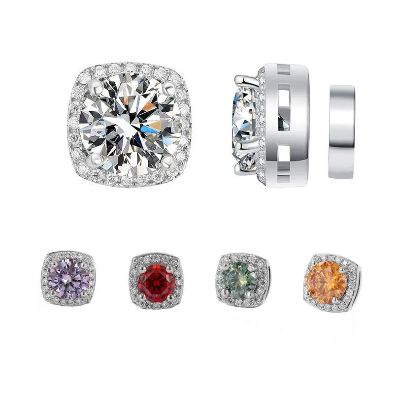 High Quality Elegant Stylish S925 Sterling Silver Magnetic Clip-On Stud Earrings, Multicolor Moissanite Square Halo, 0.5ct/1ct Round Cut Non-Piercing Inlaid