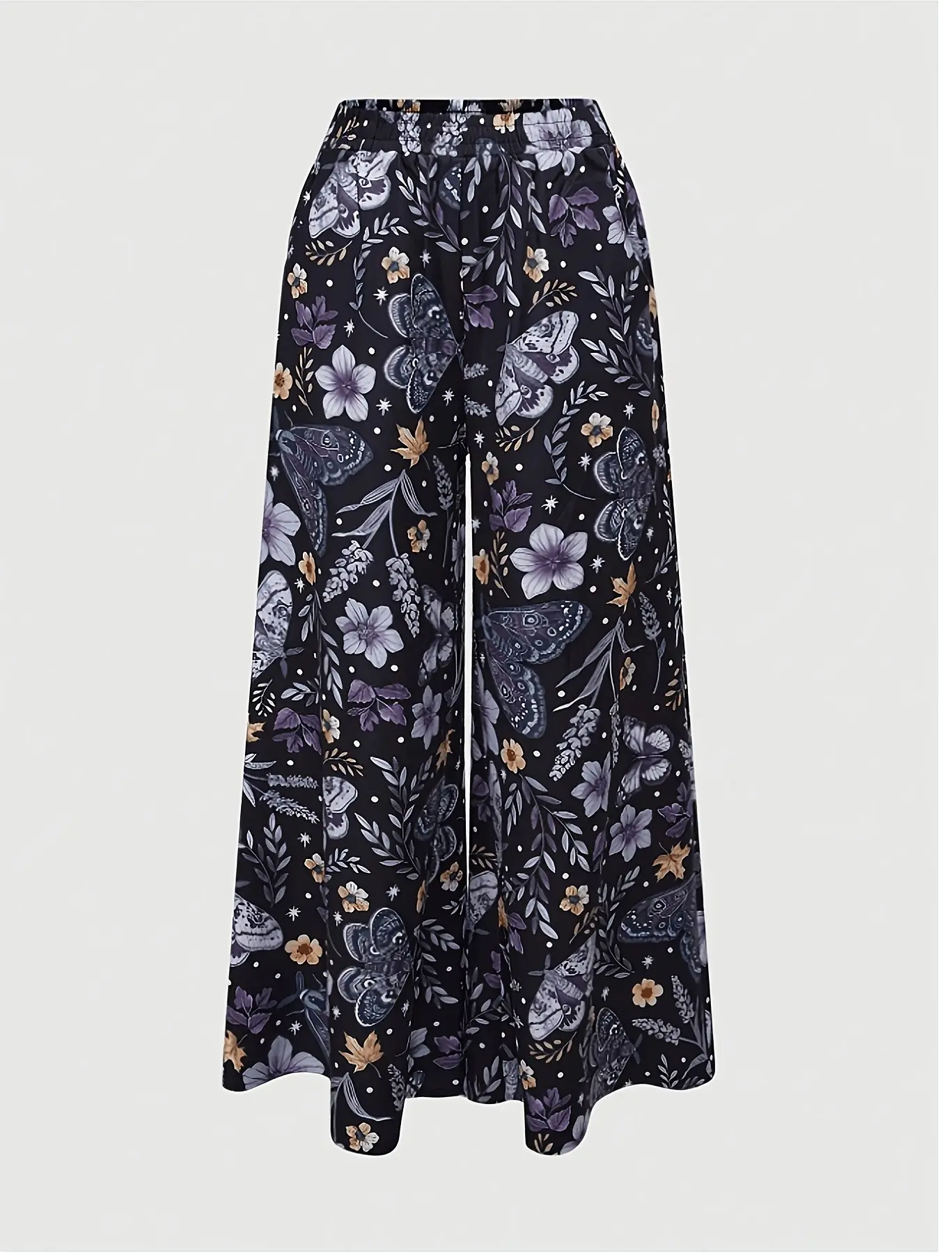 Butterfly, Moth and Plant Print Wide-Leg Pants, Lightweight Breathable Loose-Fit Summer Style, All-Season Clothing