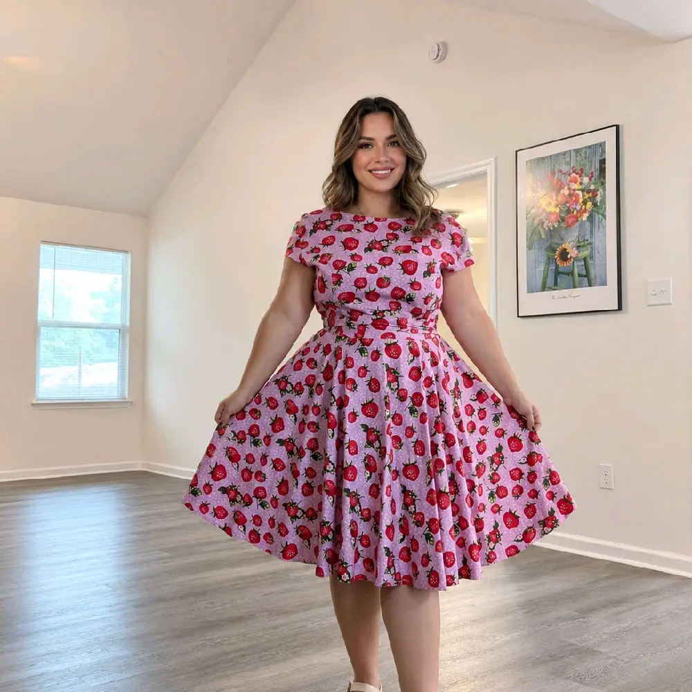 Vintage-Style Polkadot Strawberry Dress, Blush Pink, Size XXL