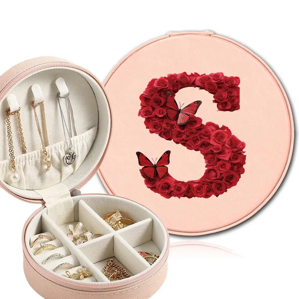 PU Leather Jewelry Box, Fashion Jewel Storage Bag, Jewellery Display Case For Necklaces Earrings Rings Bracelets Ear Pendants Organizer Ideal for Outdoor Travel & Home Use Initial Name 26 Letters Red Rose Pattern