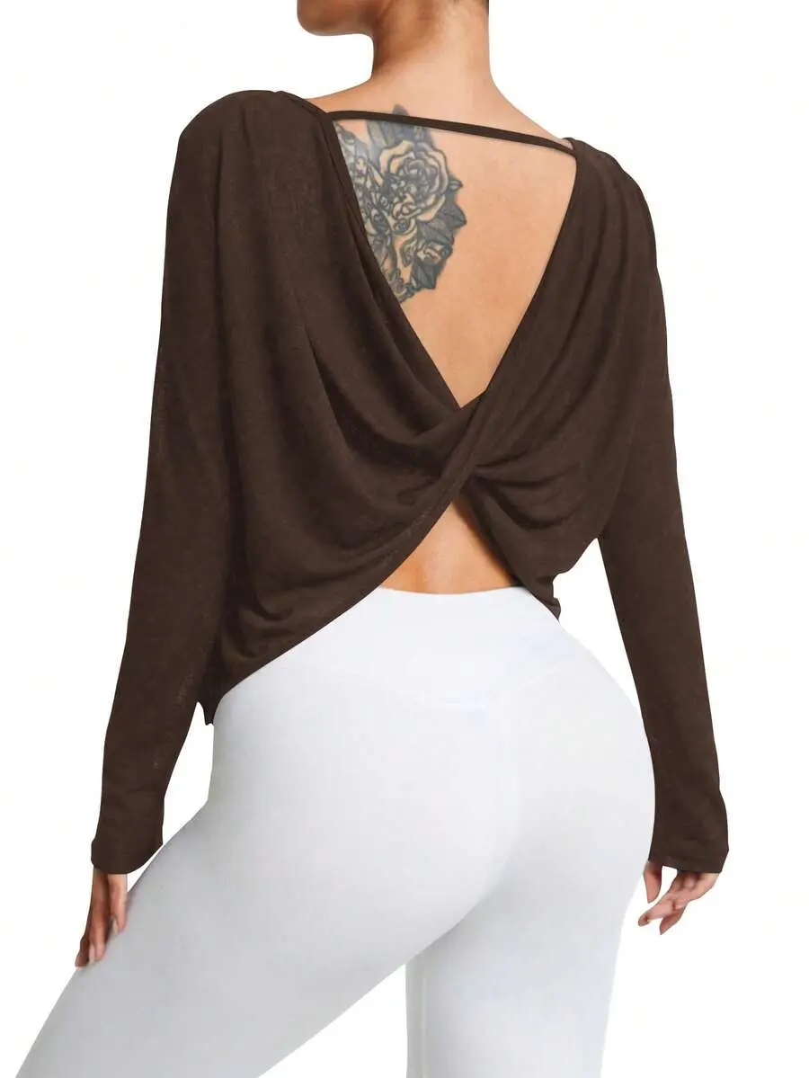 VYRA Gameset Sport Women's Minimalist Solid Color Twist Open Back Long Sleeve Asymmetrical Hem Sports T-Shirt Backless Shirts Brown Athletic Top Workout Shirt Tops