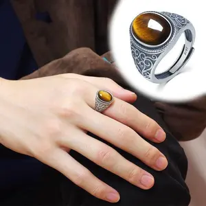 Trending S925 Silver Tiger's Eye Adjustable Men's Ring - Vintage Open Design with 18K Gold-like Finish, Radiant Cut, Engagement Pinky Claddagh, Rings for Men