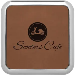 Square Dark Brown Leatherette Coaster w/Silver Edge