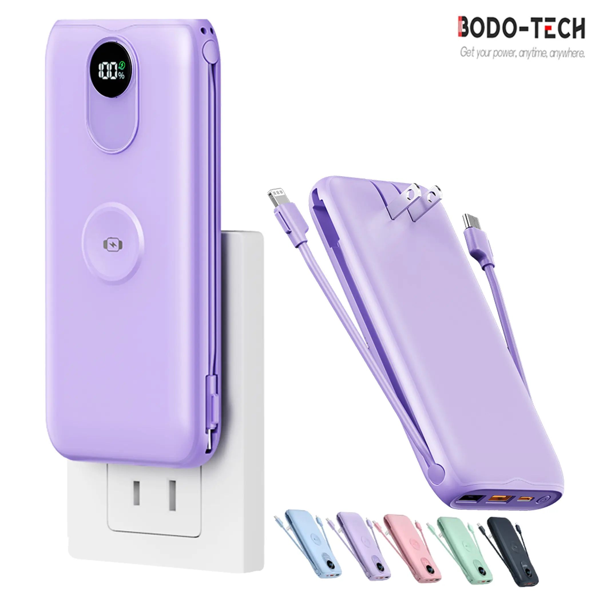 Bodo-Tech Portable Charger 10000mAh,Built-in Cables,AC Plug & Wireless Watch Charger, Cute Fast Charging Power Bank for Everyday Use