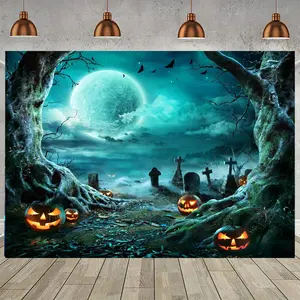 Halloween Themed Backdrop, 1 Count Spooky Moon Night Pumpkin Graveyard Design Backdrop, Durable Polyester Fabric Backdrop for Party Decorations, Banners