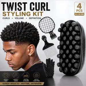 4PCS Twist Curl Styling Kit for Men, Afro Twist Sponge Brush Set with Curl Pick, Texture Comb & Wave Glove for Defined Curls, Coils, Volume & Short Natural Hair