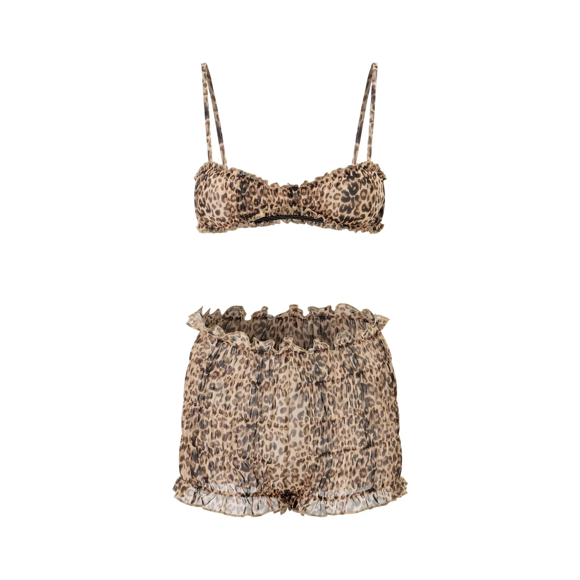 Minimalist Women Leopard Print Loungewear Set Sweetheart Neck Low Cut Cami Smocked Shorts 2-Piece Ruffled Outfits Matching Set Ladies Women Fashion Complete Look Trendy Relaxed Lightweight Quality Everyday Comfortable
