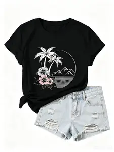 Women's Sports Short-Sleeve T-Shirt - 2 White Palm Tree Pattern, Soft Silky Fabric, Loose Stylish Design