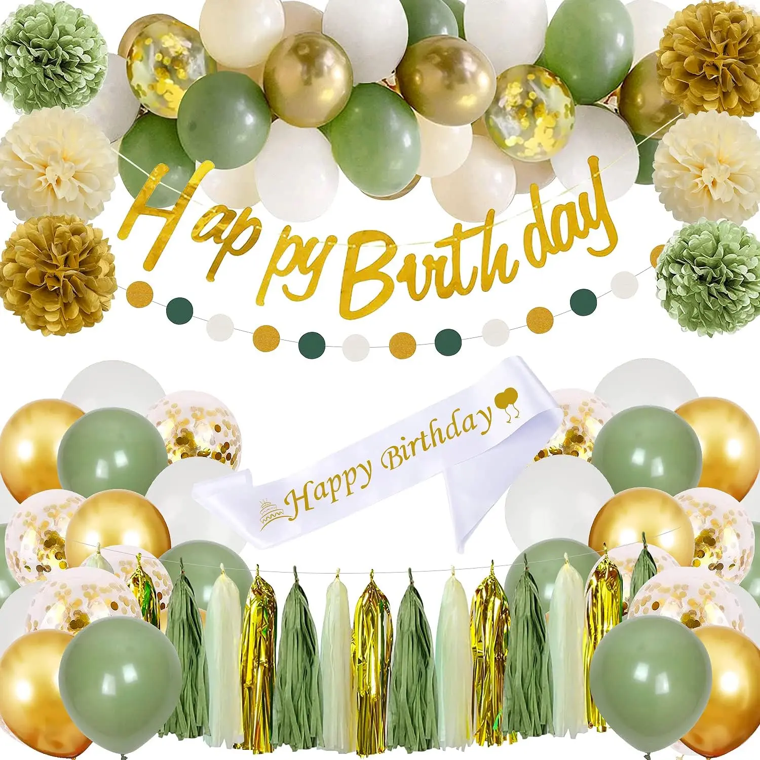 Sage Green Birthday Party Decorations with Happy Birthday Banner,Gold Fringe Curtain,Circle Dots Garland,Tissue Pompoms,Paper Tassels Garland for Girls Women Birthday Decor Balloons Set