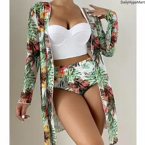Women's Boho Floral 3-Piece Bikini Set - Push-Up High-Waisted Swimsuit with Adjustable Straps, Tropical Print Cover-Up, Figure-Enhancing Swimwear for Women, Swimsuits