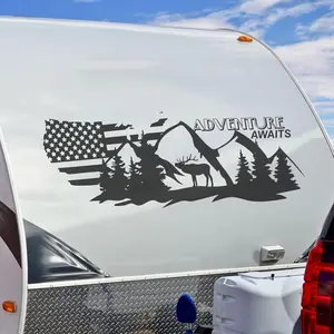 Camper RV Decal, Camping Sticker, American Flag, USA Travel Logo Adventure Awaits, Deer Mountains decal