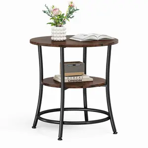 2-Tier Side Round Table for Living Room, Accent End Table with Storage Shelf,Sturdy Metal Frame Nightstand for Small Space, Round Bedside