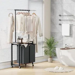 2 Section Laundry Sorter - Laundry Hamper with Wheels, Rack & Shelf, Rolling Clothes Basket Organizer for Bedroom, Laundry Room