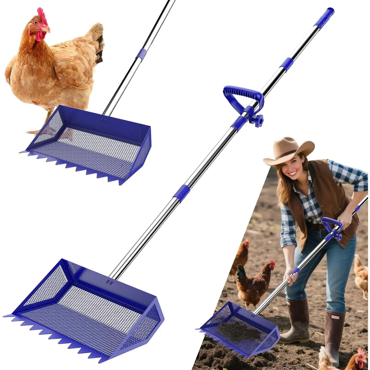 Chicken Poop Scooper & Rake 2-In-1, 304 Stainless Steel Shovel Head, Chicken Litter Scoop With Handle For Chicken Coop & Pet Waste Cleaning, Litter Sifting Shovel (35 To 65") US Patent Pending