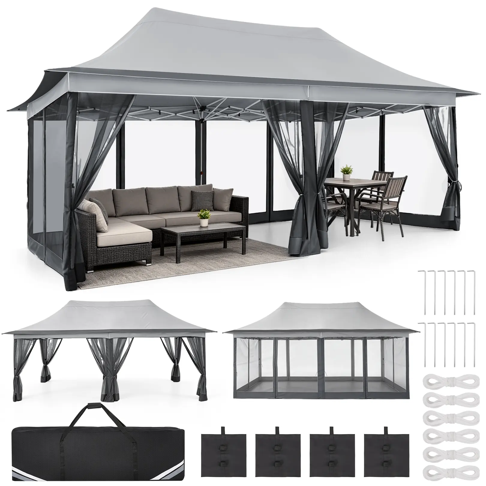 10x20 Pop Up Gazebo，Easy Setup Canopy Tents with Mosquito Netting，Outdoor Screen Tents with Adjustable Height for Backyard, Parties