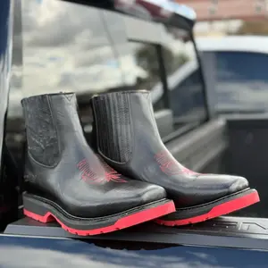 Ankle Boot - Black Leather with Red Sole and Embroidered Design for Stylish Comfort