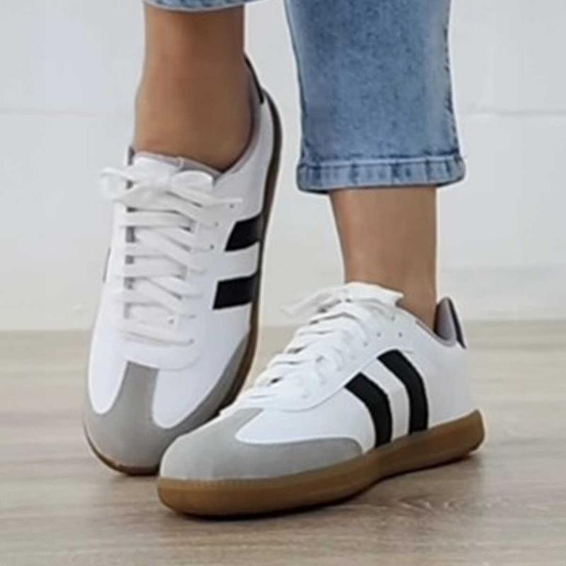 White Striped Lace-up Flat Sneakers