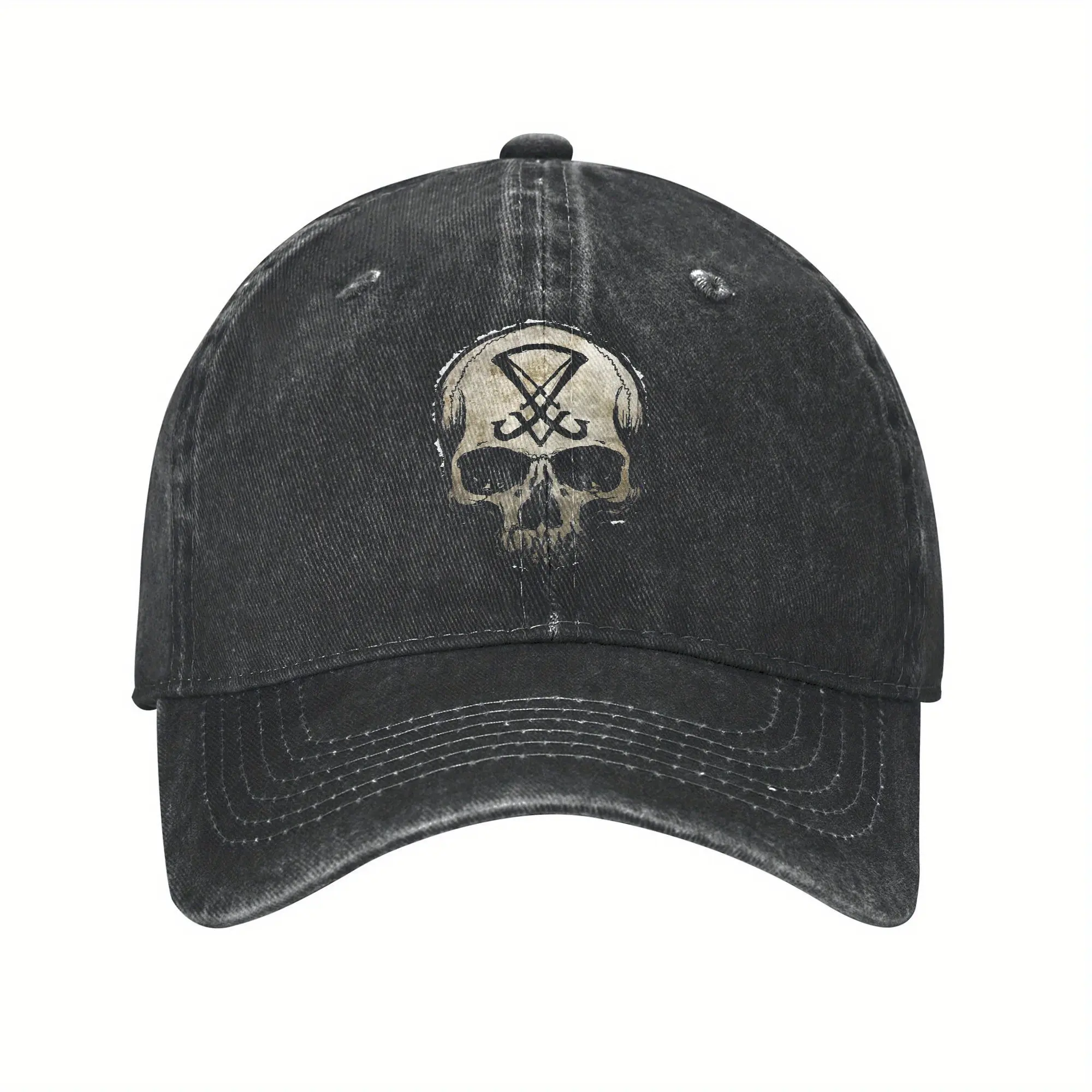 Lucifer Skull Mark Baseball Cap - Vintage Distressed Black Trucker Dad Hat, Adjustable Snapback, Six-Piece Breathable Design, Unisex, Sun Protection, Kpop Rock Concert, Summer Outdoor Casual Durable Headwear