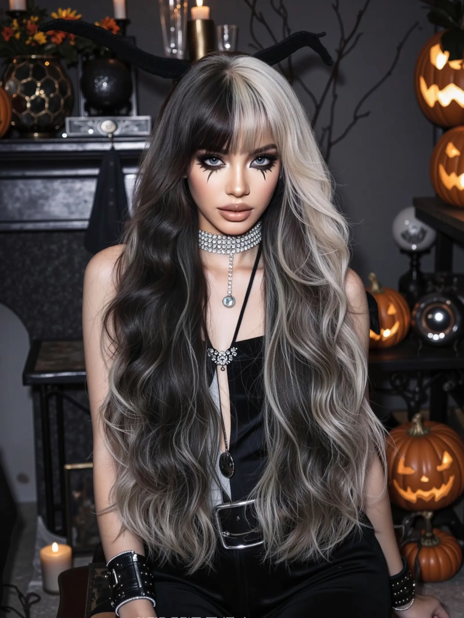 Women's Halloween Costume Wig Long Curly Synthetic Hairpiece with Bangs Natural Look for Daily & Holiday Wear