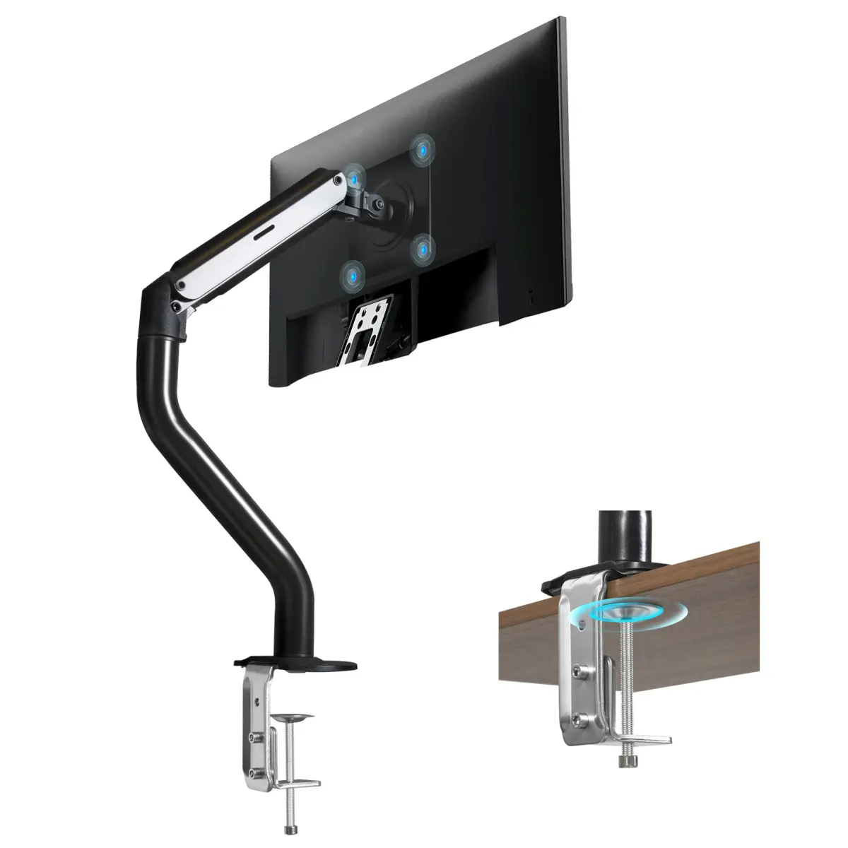 Single Monitor Gas Spring Arm Mount, Ergonomic Height-Adjustable Full-Motion Office Desk Stand with C-Clamp, Fits 15-32 Inch LCD Computer Screens
