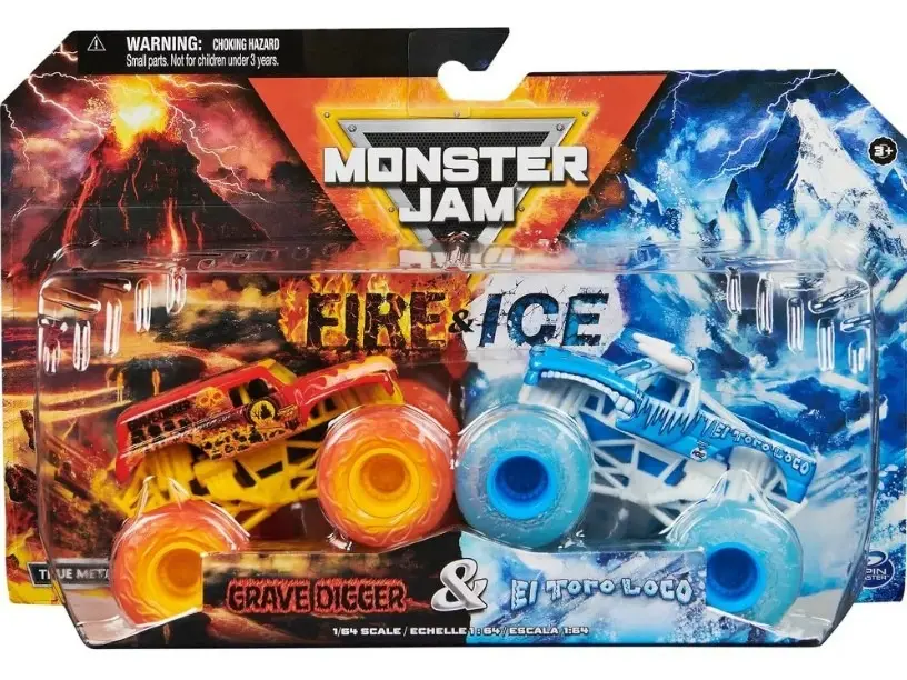 Monster Jam, Official Fire and Grave Digger and El Toro Loco Die-Cast Monster Trucks, 1:64 Scale, Kids Toys for Boys Ages 3 and up