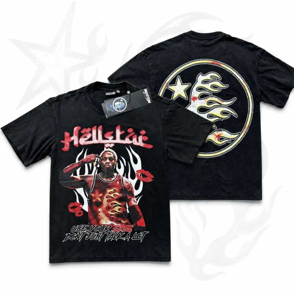 Hellstar D-Dennis Rodman T-Shirt, Vintage Sports Icon Fire Flame Double Sided Graphic Printed Heavy Cotton Loose Tee for Men Women, Unisex Casual Hip Hop Top, Trendy Washed Black Summer Streetwear