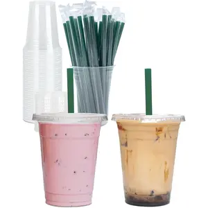 16 oz Clear Plastic Cups with Lids and STRAWS, Disposable Party Cups for To Go Iced Coffee Cold Drinks, Smoothie, Juice, Parfait, Frappuccino, Milkshake. No Leaking Fruit Cup, 25 Sets