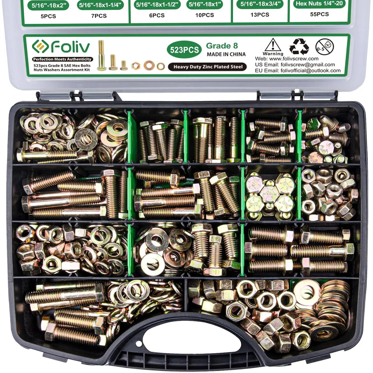 VIGRUE 523PCS Grade 8 Bolts and Nuts Assortment Kit, Heavy Duty Nut and Bolt Assortment, 1/4-20 5/16-18 3/8-16 SAE Hex Bolts, Length from 1/2" to 1-1/