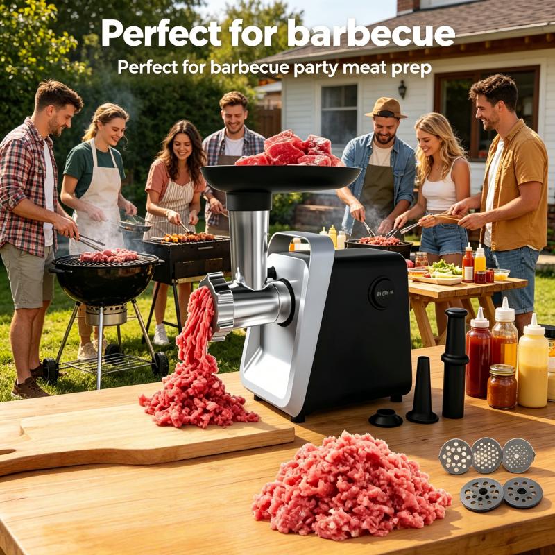 Electric meat grinder, stainless steel meat grinder with 2 blades, sausage tube, and Kubbe kit, 2800W suitable for home kitchen use with US standard plug