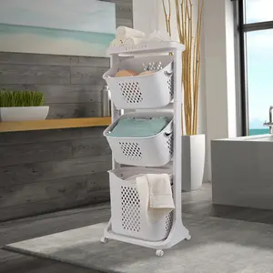 Rolling Laundry Basket Cart with Wheels, 3 Layers Laundry Basket, Clothes Basket with Portable Storage Basket