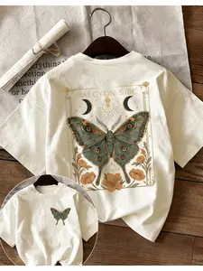 Vintage Butterfly Pattern Front And Back Print Women'S Round Neck Short Sleeve T-Shirt, Casual Loose Commuting Top Suitable for Everyday Wear in Spring And Summer