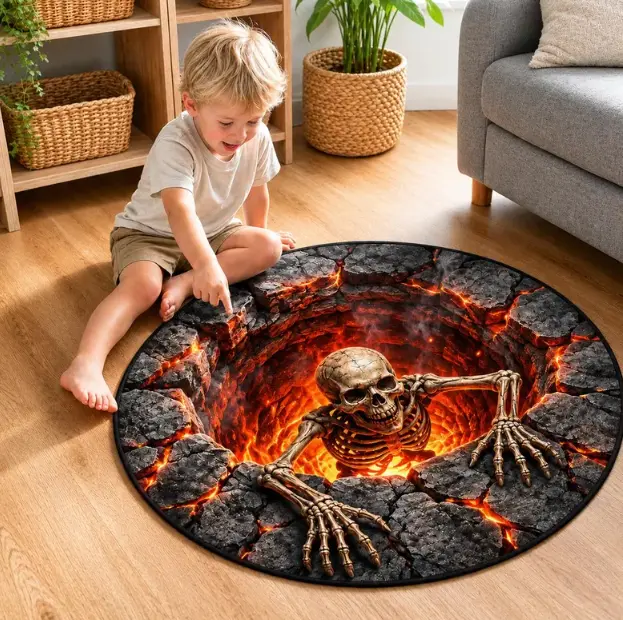 Halloween 3D Illusion Rug, Skeleton Climbing From Lava Carpet, Creepy Skull Floor Decor, Spooky Horror Halloween Gift