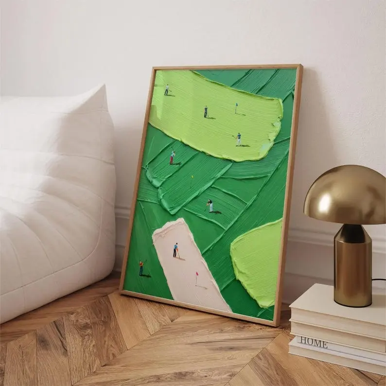 Abstract Art Prints - Textured Green Golf Course Landscape Paper Wall Art, Artistic Home Decor for Modern Sports Living Spaces