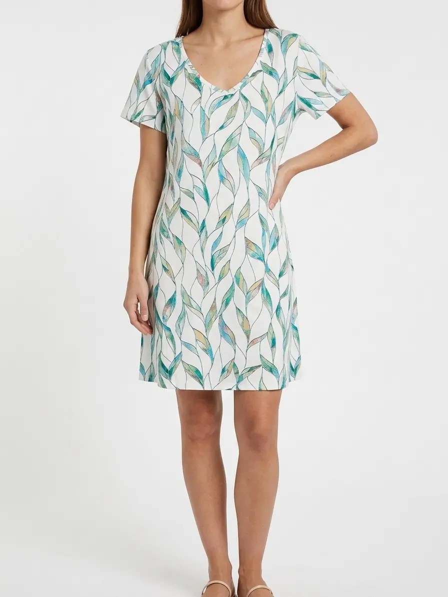 Women’s Bohemian leaf print V-neck short-sleeve dress, loose and comfortable flowy short beach dress, soft stretchy summer cover-up dress