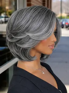 Layered Straight Bob Wigs for Women, Grey Salt & Pepper Pixie Cut Wig, 4*1 Lace Part Glueless Wigs, Glueless Frontal Wig, 12/18 Inches Bob Short Wig, Ready To Go Natural Color Silvery Straight Side Part Wig for Daily Gifts Use