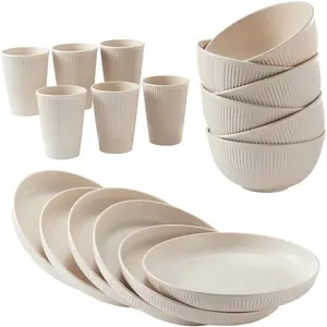 Wheat Straw Dinnerware Set, 18pcs/set Including Plates, Bowls, Cups, Dishwasher & Microwave Safe Tableware Set for Home Kitchen Dining Room