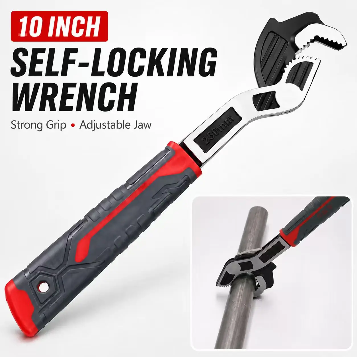 10-Inch Self-Locking Adjustable Pipe Wrench, Quick-Adjust Wide Jaw Plumbing Tool with Serrated Grip & Non-Slip Handle for Pipes, Nuts, Bolts and Home Repair Multi-Function