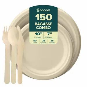 Bosnal - Sugarcane Bagasse Compostable 10 inch & 7 inch Round Plates with Cutlery
