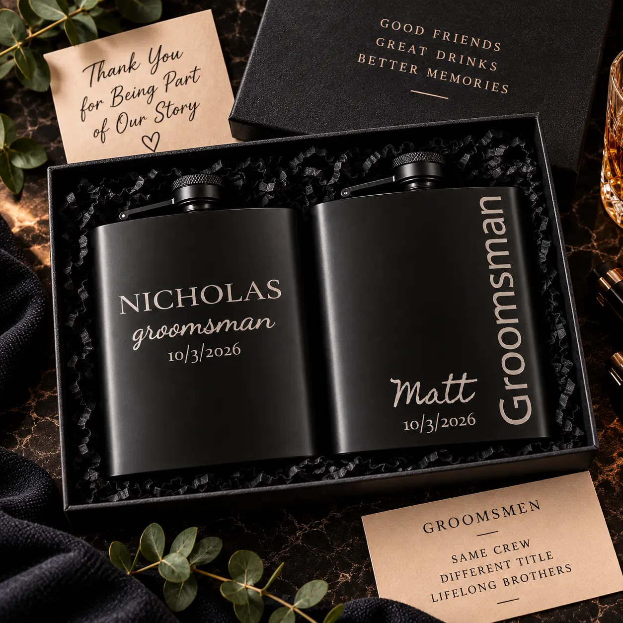Personalized Black Stainless Steel Hip Flask 8 oz Matte Finish Laser Engraved Gift for Wedding Party Groomsman Best Man