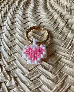 Kool Beadz Beaded Heart Shaped Keychain; Pink and white keychain