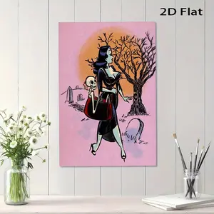 1pc Gothic Halloween Wall Art - Vampire Woman in Black Dress & Skeleton Handbag Poster - Pink Background with Tombstones - Wooden Framed Canvas Painting for Living Room, Bedroom, Office, Cafe - Spooky Home Decor Gift - High-Quality Gothic Decoration, Dark
